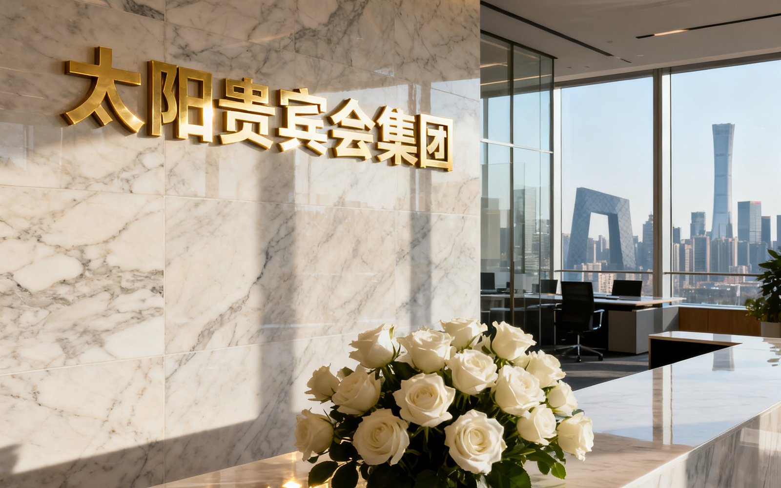 太阳贵宾会集团北京总部前台接待区域：一面由意大利卡拉拉大理石铺就的背景墙上镶嵌着金色的集团LOGO，前台桌面摆放着新鲜的白玫瑰插花，后方可见通透的开放式办公区和落地窗外的国贸天际线。