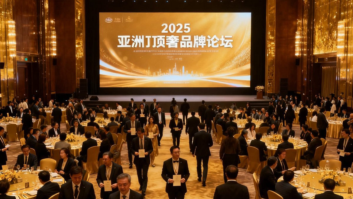 2025年亚洲顶奢品牌论坛会场全景：金色灯光映照下的圆桌晚宴场景，巨型LED屏幕展示论坛主题，数百位嘉宾正在入场。