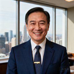 一位穿着深蓝色西装、佩戴金色领带夹的跨国公司CFO在办公室中微笑的正面半身照，背景为落地窗和城市天际线。